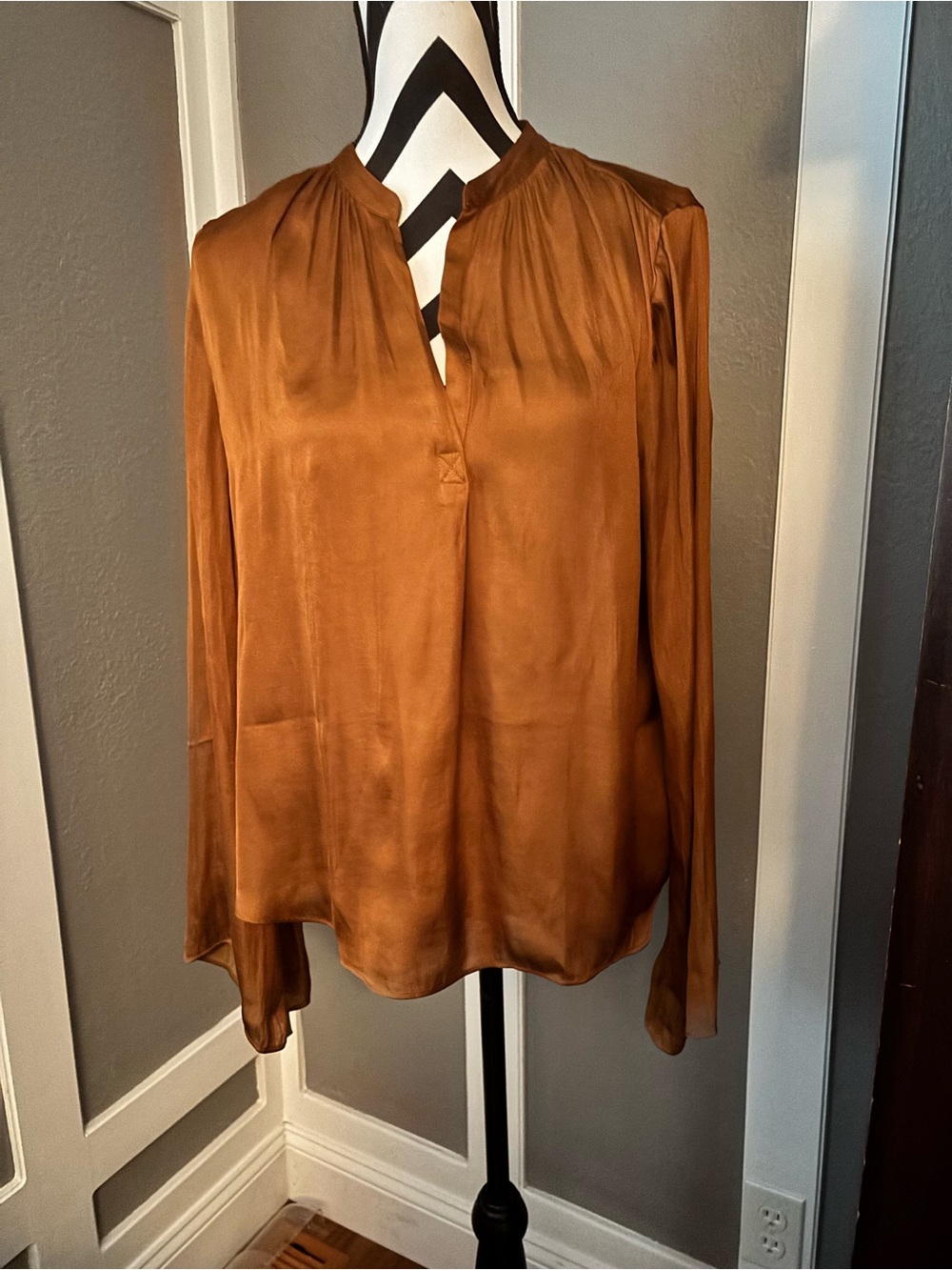 Worthington Long-Sleeve Split-Neck Blouse in Rust Brown